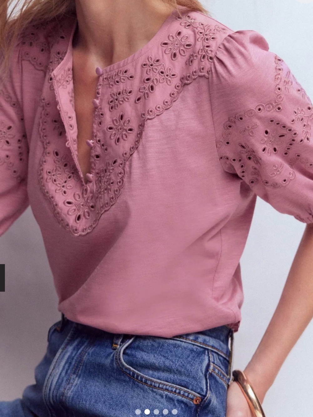 Boden Ada Eyelet Embroidery Knit Puffed Sleeve Top Cotton /Modal Lilas pink Sz 4 - Picture 3 of 10